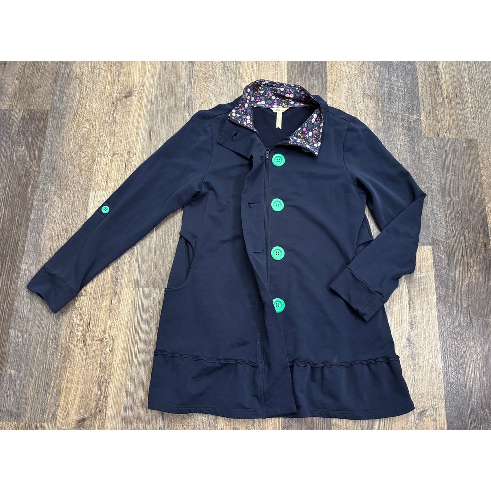 Matilda Jane Womens Navy Blue Ruffle Hem Floral Collar Zip Button Jacket Small